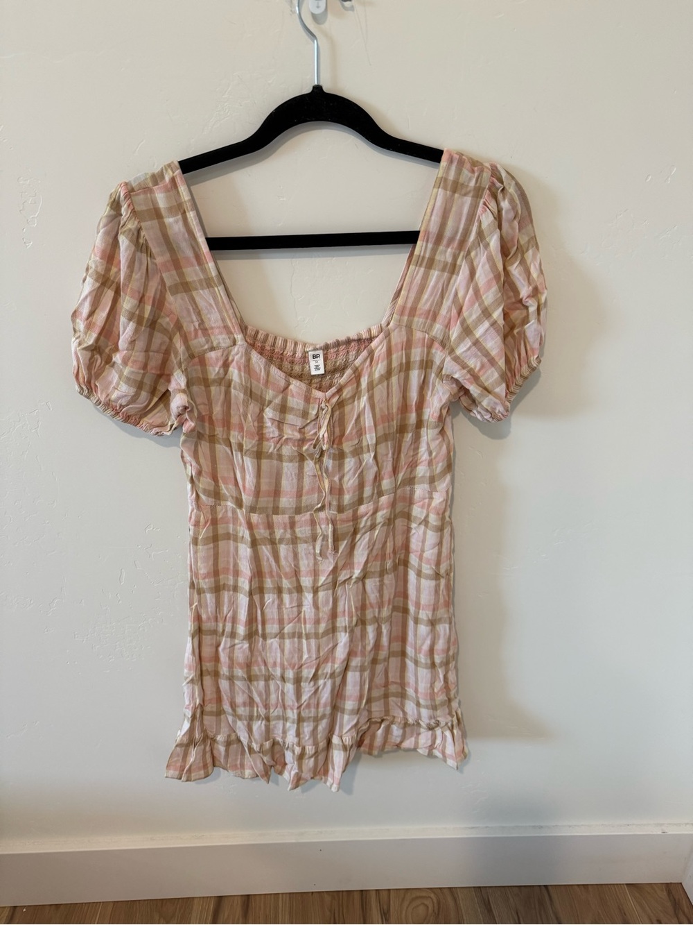 bp Pink Plaid Tie-Front Puff Sleeve Mini Dress Womens Medium Girly Feminine